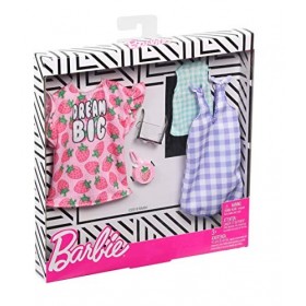 Barbie Fashionistas Kit vêtements, 2 tenues pour poupée dont robe motif fraises, robe violette, haut et accessoires, jouet po