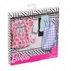 Barbie Fashionistas Kit vêtements, 2 tenues pour poupée dont robe motif fraises, robe violette, haut et accessoires, jouet po