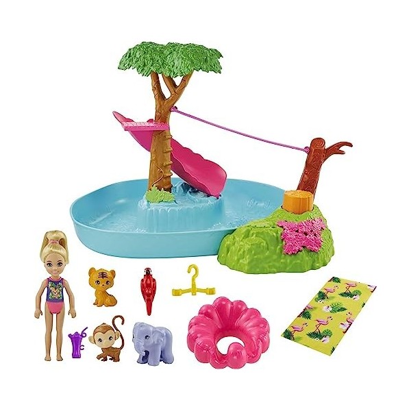 Barbie and Chelsea The Lost Birthday Splashtastic Pool Surprise Playset, Chelsea Doll, Slide, Zipline & Accessories, Gift for