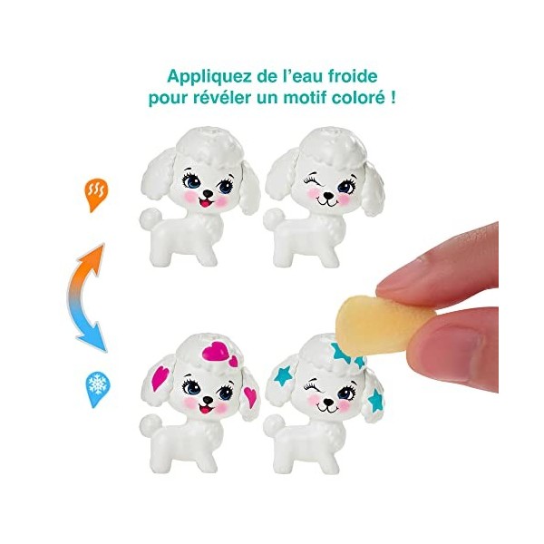 Enchantimals, Coffret​ Salon de Toilettage Caniche avec 1 Poupée Perris Caniche et 2 chiots qui changent de couleur, Jouet En