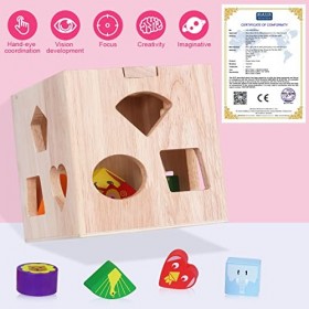 Jeu Cubes en Bois Montessori Bébé Forme Correspondant Géométriques Jouets de Blocs de Construction Taille Tri Puzzle éducatif