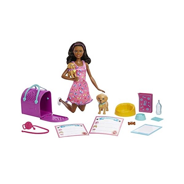 Barbie Coffret Nouvelle adoption avec poupée brune, 2 chiots, tapis de propreté et plus de 10 accessoires avec changement de 