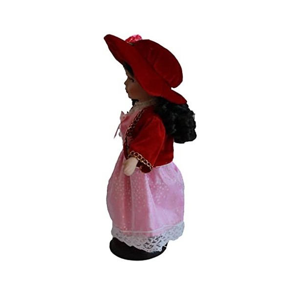 T TOOYFUL en Porcelaine 12 Pouces Debout avec Robe Rose et Chapeau Assorti et Cheveux Noirs Bouclés