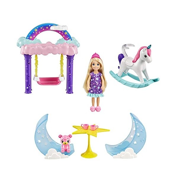 Barbie Dreamtopia coffret Pyjama Party Étoilée avec mini-poupée Chelsea Princesse, lit superposé, balançoire et accessoires, 