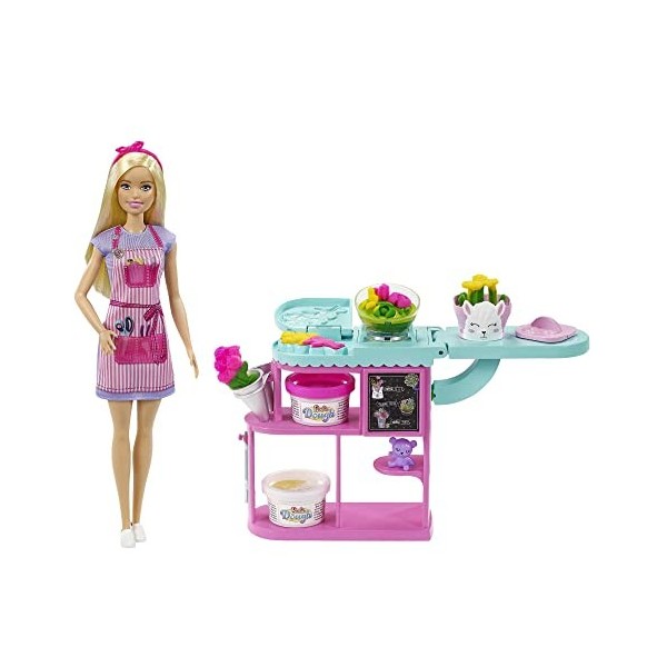 Barbie Métiers coffret​ Fleuriste avec poupée blonde, comptoir, 3 pâtes à modeler, un moule, 2 vases et un ourson, jouet pour