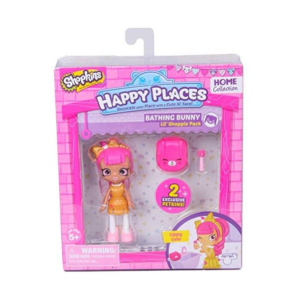 Shopkins – Happy Places – Bathing Bunny – Lippy Lulu – Set 2 Mini Figurines Petkins + 1 Mini Poupée