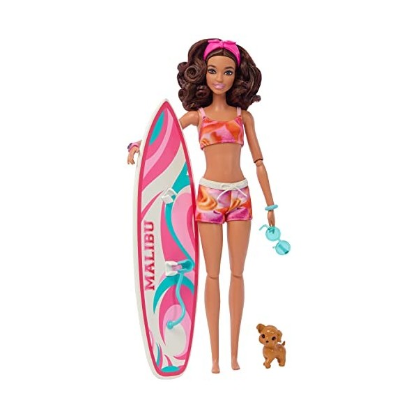 Barbie Coffret Surf Poupée Mannequin Articulée Brune, Planche De Surf, Chiot, Accessoires Thématiques, Jouet Enfant, Dès 3 An
