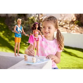 Barbie Coffret Surf Poupée Mannequin Articulée Brune, Planche De Surf, Chiot, Accessoires Thématiques, Jouet Enfant, Dès 3 An