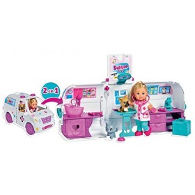 Simba - Evi Love Vétérinaire Voiture 2 en 1 - Mini Poupée 12cm - Coin Toilettage + 1 Chat et 1 Chien à Soigner - Nombreux Acc