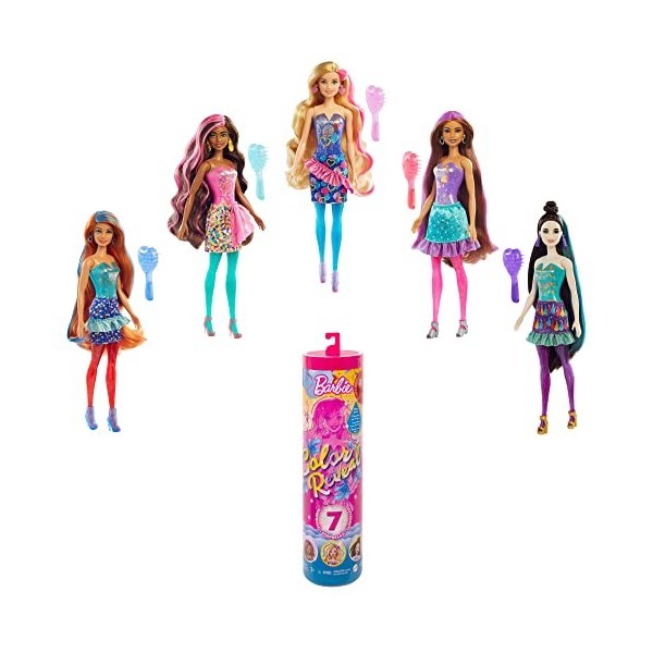 Barbie Color Reveal poupée avec 7 éléments mystère, série Fête, 4 sachets surprise, modèle aléatoire, jouet pour enfant, GTR9