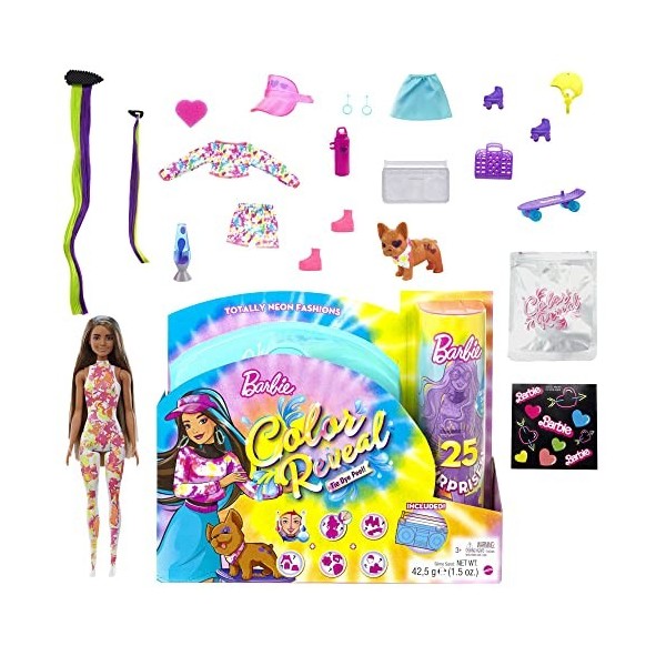 Barbie Coffret Color Reveal, Poupée Mannequin brune, série Tie-dye Fluo avec 25 surprises, 1 poupée et 1 chiot et changement 