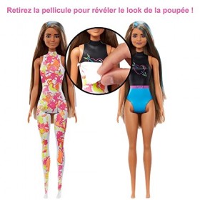 Barbie Coffret Color Reveal, Poupée Mannequin brune, série Tie-dye Fluo avec 25 surprises, 1 poupée et 1 chiot et changement 