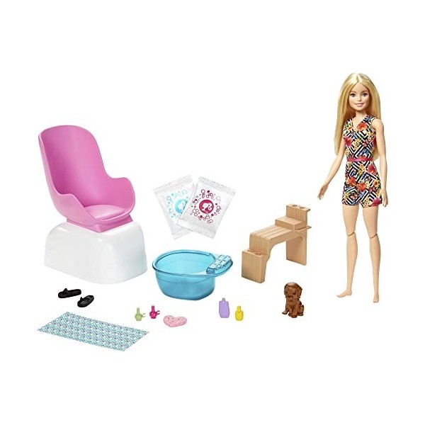 Barbie Métiers Coffret Soins & Beauté, poupée blonde articulée, figurine chiot, accessoires de pédicure et de manucure, jouet