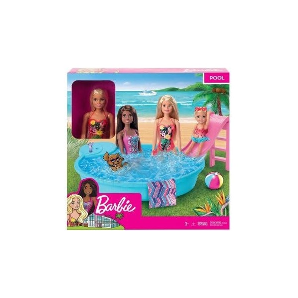 Coffret pour Barbie : Piscine Glamour avec Toboggan et Un poupée Blonde en Maillot de Bain - Accessoires - Set poupée Mannequ