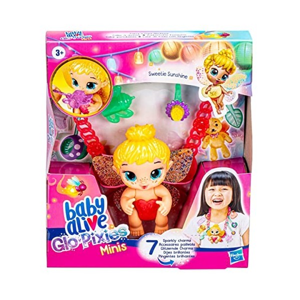 Baby Alive Glo Pixies Minis Carry n Care Necklace - F5845 - Poupée 10cm + Accessoires pailletés - Sweetie Sunshine