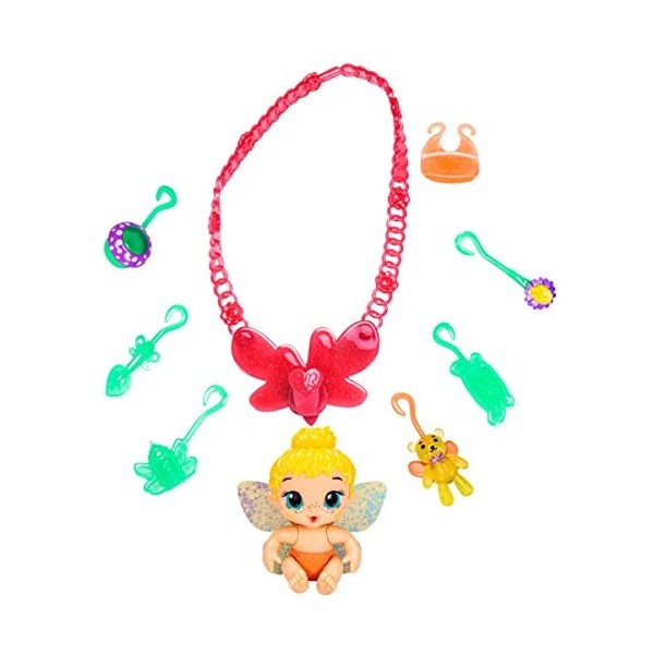 Baby Alive Glo Pixies Minis Carry n Care Necklace - F5845 - Poupée 10cm + Accessoires pailletés - Sweetie Sunshine