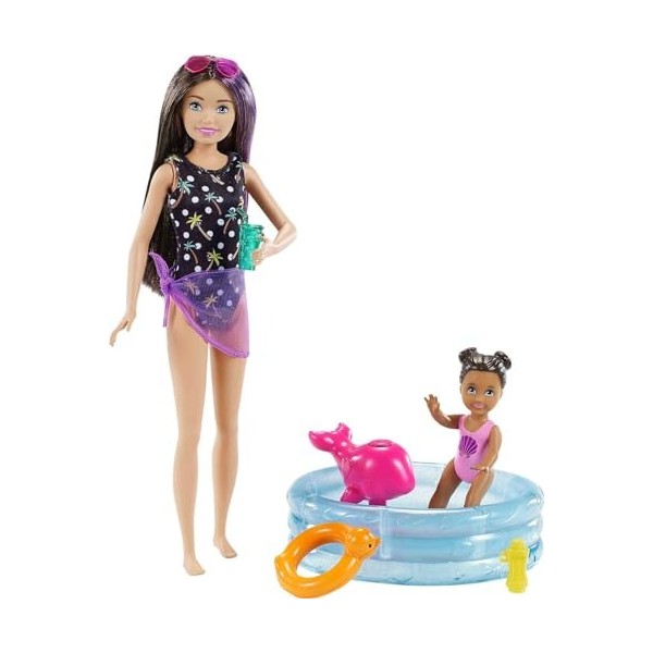 Barbie Skipper Babysitters Inc. Dolls & Playset, Babysitting Toddler Small Doll with Color-Change Swimsuit, Kiddie Pool, Whal