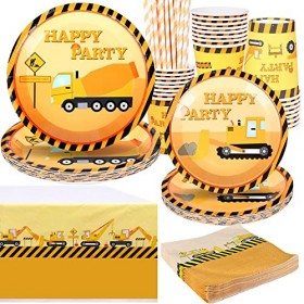 Forfamy Décoration Anniversaire Chantier, Vaisselles Tracteur Assiettes Carton Gobelet Serviettes Papier pour Garcon Enfant F