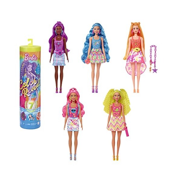 Barbie Poupée Mannequin Color Reveal avec 7 surprises à déballer, Série Tie-dye fluo avec imprimé tie-dye et changement de co