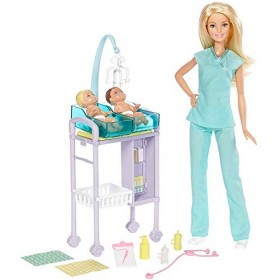 Barbie Métiers coffret poupée Pédiatre blonde avec cabinet médical, deux bébés et accessoires, jouet pour enfant, DVG10