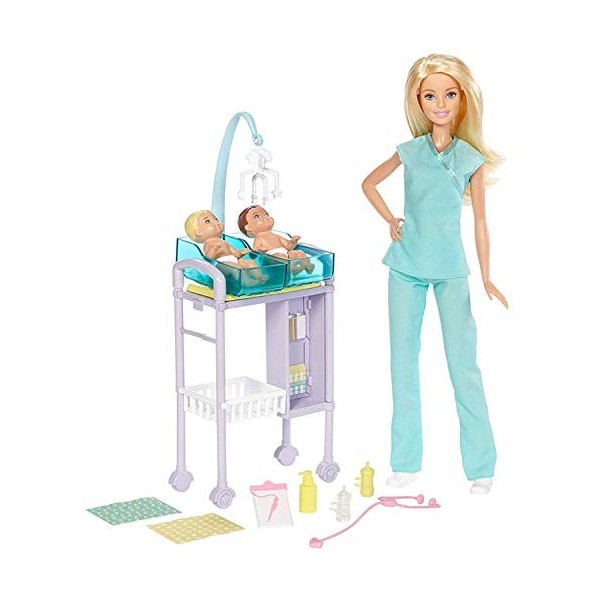 Barbie Métiers coffret poupée Pédiatre blonde avec cabinet médical, deux bébés et accessoires, jouet pour enfant, DVG10