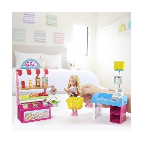 Barbie Famille coffret Supermarché avec mini-poupée Chelsea blonde et plus de 15 accessoires, jouet pour enfant, GTN67