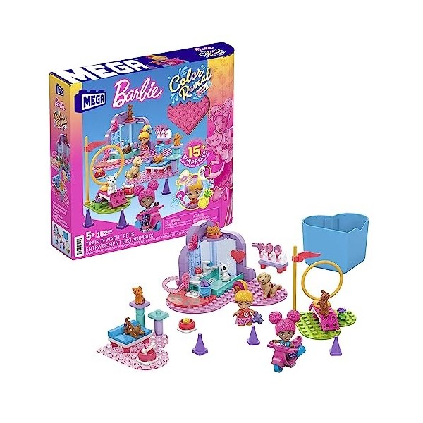 MEGA Barbie Coffret de Construction Animaux à Dresser et Toiletter avec 2 mini-poupées Barbie Color Reveal en 3 parties à ass