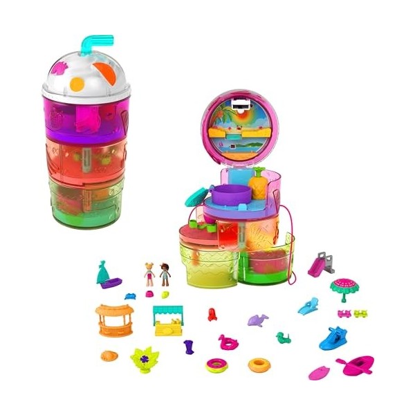 Polly Pocket Coffret Multifacettes Smoothie​, mini-figurines Polly et Shani, 25 accessoires surprise, emballage fermé, jouet 