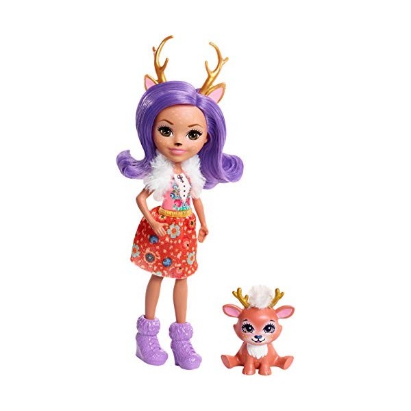 Enchantimals Mini-poupée Danessa Biche et Figurine Animale Sprint, aux cheveux violets avec jupe à motifs en tissu, jouet enf