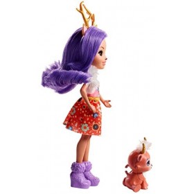 Enchantimals Mini-poupée Danessa Biche et Figurine Animale Sprint, aux cheveux violets avec jupe à motifs en tissu, jouet enf