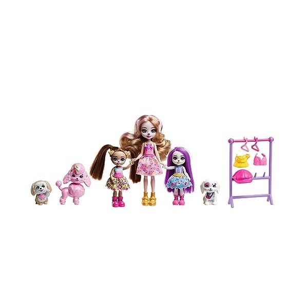 Enchantimals Coffret Famille Dwyla Chien Avec Poupée Dwyla Chien Gala Enchanté, Figurine Hale, 2 Figurines Chiot Et Accessoir