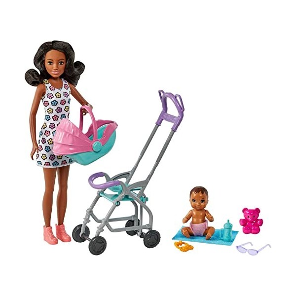 Barbie Skipper Babysitters Inc. Ensemble de Jeu avec poupée Babysitter Cheveux Bruns bouclés , Poussette, poupée et 5 Access