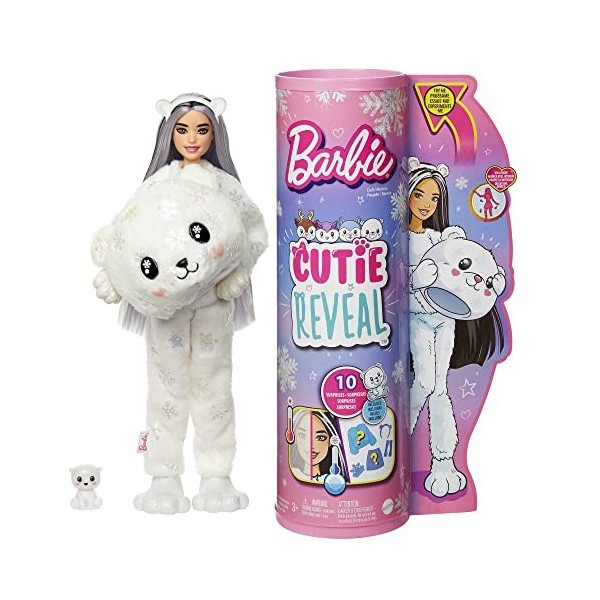 Barbie Poupée Mannequin Cutie Reveal Snowflake Sparkle avec costume d’ours polaire et 10 surprises, dont éléments qui changen