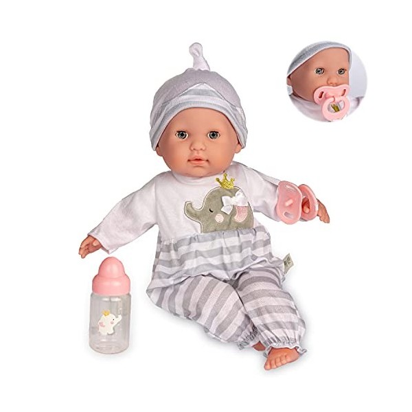 jc toys Muñeca Berenguer Boutique de Cuerpo blando de 38 cm, sus ojos se abren y cierran, y Compris ropa y accesorios, Gris, 