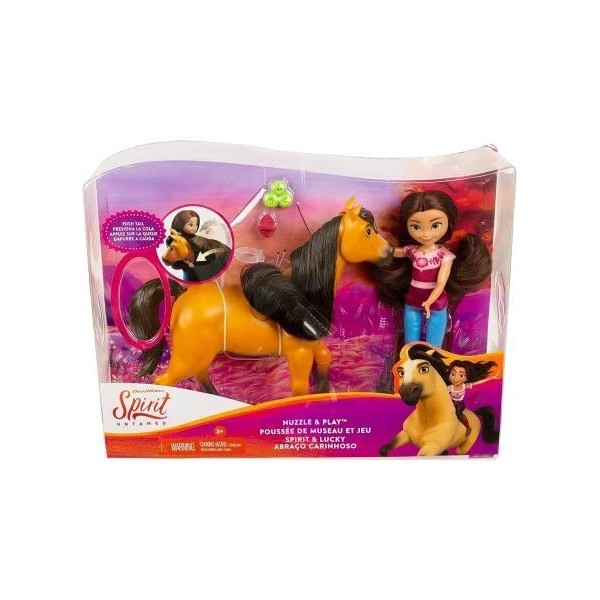 Coffret pour Spirit : poupée Lucky + Cheval Brun Spirit 20 cm + Accessoires - Set Jouet Fille + 1 Carte - Animaux