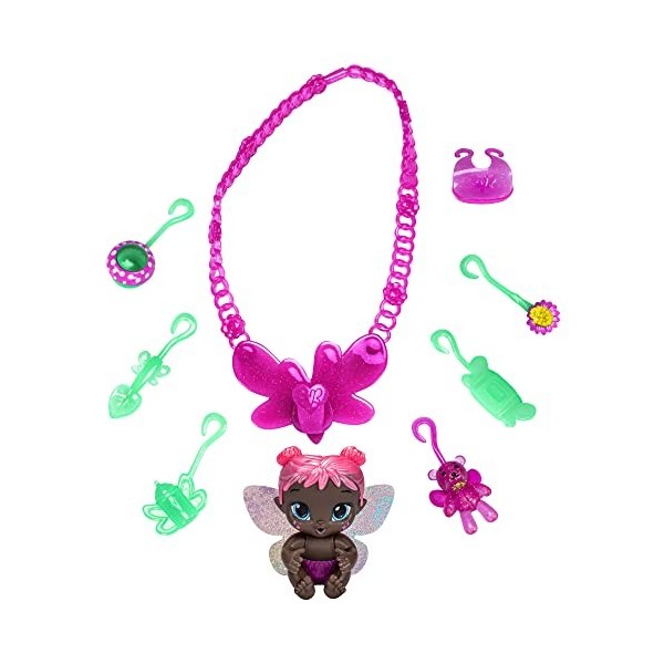 Baby Alive Glo Pixies Minis Carry n Care Necklace - F5846 - Poupée 10cm + Accessoires pailletés - Rose Blossom