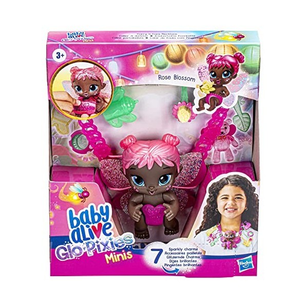 Baby Alive Glo Pixies Minis Carry n Care Necklace - F5846 - Poupée 10cm + Accessoires pailletés - Rose Blossom