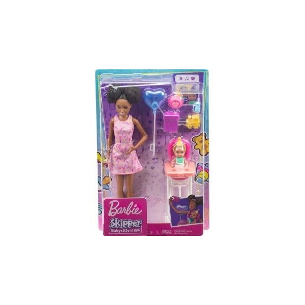 Coffret pour Barbie Skipper Noir Babysitter Fete Anniversaire - avec Poupee, Bebe + 6 Accessoires - Set Famille et Carte Anim