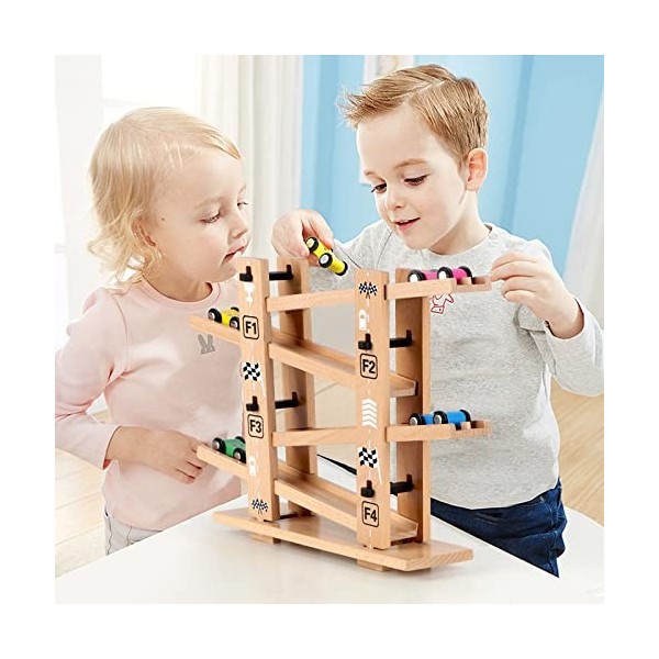 jacootoys Construction de Rampe de Voiture en Bois Piste de Course en Zigzag clic-clac avec 4 Voitures en Bois pour Enfants g