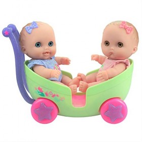 JC TOYS Lil Cutesies Twin Ensemble de poupées et Poussette en Vinyle 21,6 cm | Posable et Lavable | Tenues Amovibles | Pousse