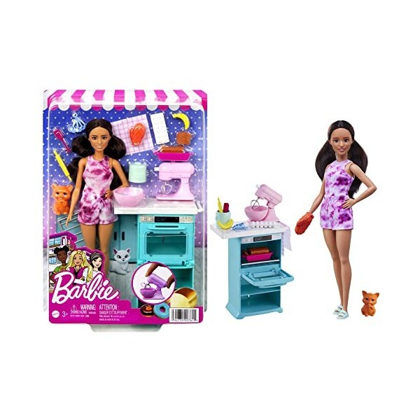 Barbie Coffret Pâtissière avec poupée mannequin 26 cm, brune, petite , four, robot pâtissier, chaton et accessoires de cuisi