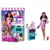 Barbie Coffret Pâtissière avec poupée mannequin 26 cm, brune, petite , four, robot pâtissier, chaton et accessoires de cuisi