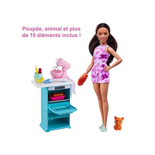 Barbie Coffret Pâtissière avec poupée mannequin 26 cm, brune, petite , four, robot pâtissier, chaton et accessoires de cuisi