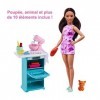 Barbie Coffret Pâtissière avec poupée mannequin 26 cm, brune, petite , four, robot pâtissier, chaton et accessoires de cuisi