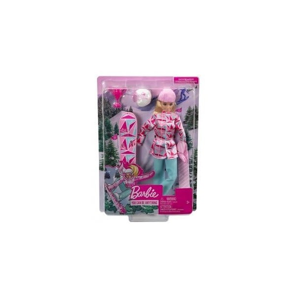 Coffret pour Barbie Sport dhiver - Poupee snowbordeuse avec Accessoires - Blonde, articulee - Set metier Sportive et Carte T