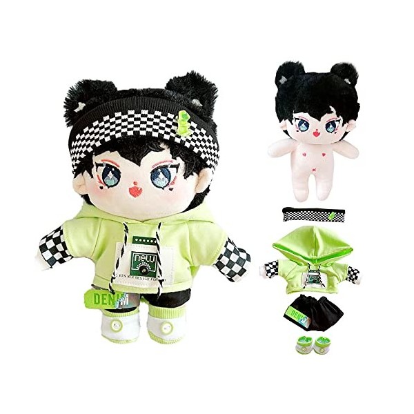 niannyyhouse Poupée en peluche humaine nue de 20 cm - Bandeau vert à capuche - Pantalon - Chaussures Kpop - Vêtements de poup