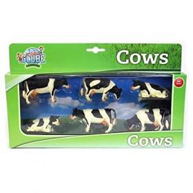 Kids Globe - 570009 - Set De 6 Vaches - Debout et Couchées – Coffret Cadeau - Échelle 1/32 - Noire/Blanc