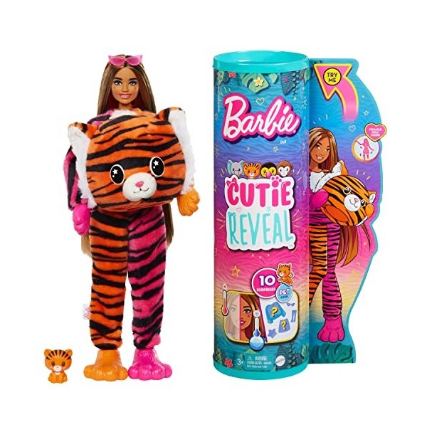 Barbie Poupée Cutie Reveal Série Jungle, poupée avec costume de tigre en peluche, 10 surprises et changement de couleur, Joue