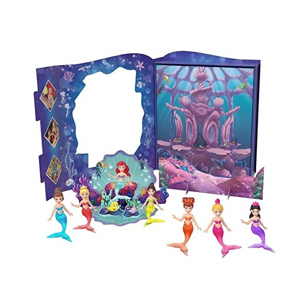 Princesses Disney Coffret Livre d’Histoires Ariel et Ses sœurs, avec 7 Mini-poupées sirènes, Figurines et Accessoires, Jouet 