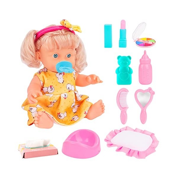 deAO 13PCS Ensemble de Jeu de poupée bébé,Accessoires Bébé Jouet Poupée Reborn,La Poupée Boit, Fait Pipi Et Fait des Bruits,a